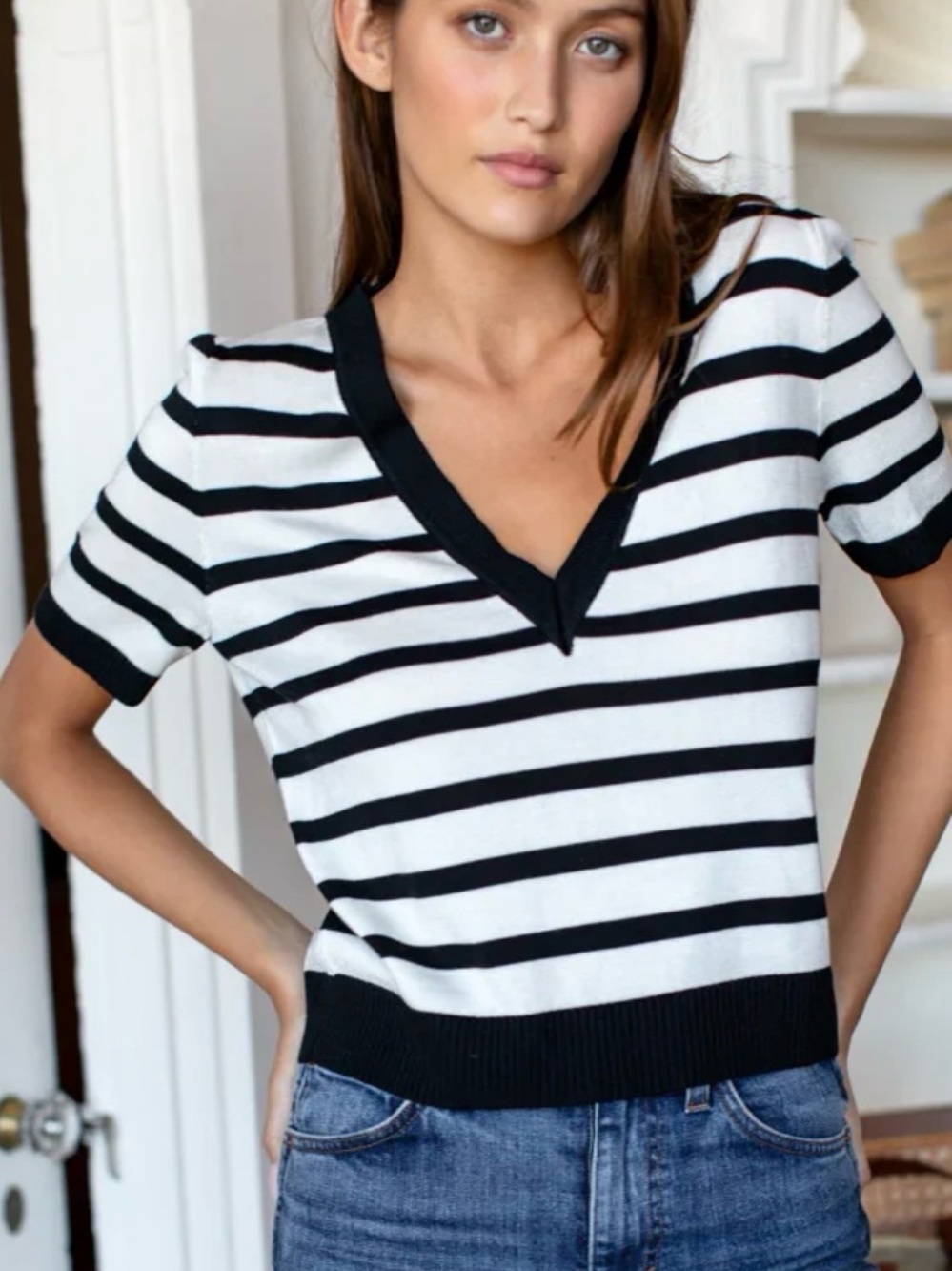 Emerson Fry Black and White Striped V-Neck Sweater